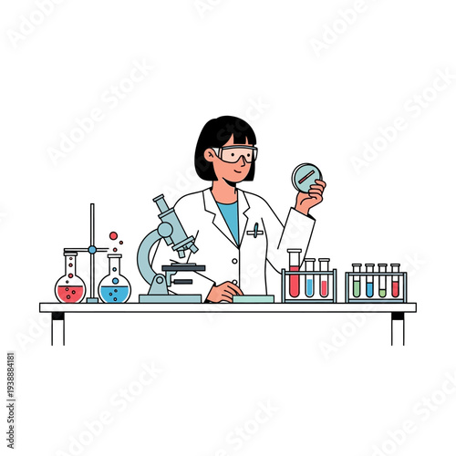 Scientist in Lab Coat with Microscope and Petri Dish, Conducting Research