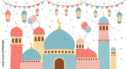 Celebration of mosque with lanterns and balloons
