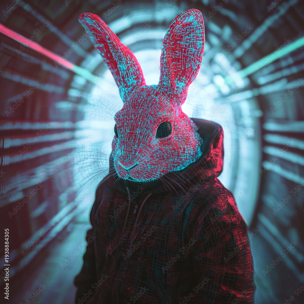 custom made wallpaper toronto digitalPerson wears a rabbit mask in digital style standing in a tunnel with colorful lights at night