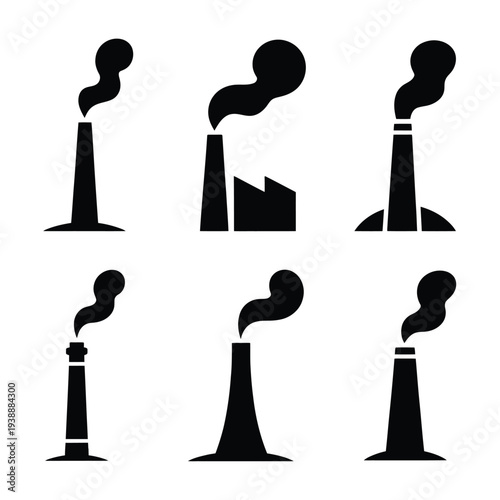 Six black factory chimneys emitting smoke in style