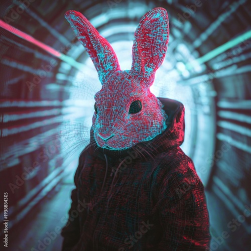 Wallpaper Mural Person wears a rabbit mask in digital style standing in a tunnel with colorful lights at night Torontodigital.ca
