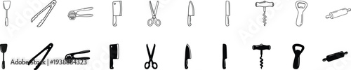 Kitchen Tool Line and Solid Icons Set – Spatula, Tongs, Garlic Press, Meat Cleaver, Scissors, Knife, Bread Knife, Corkscrew, Peeler and Rolling Pin Vector Collection