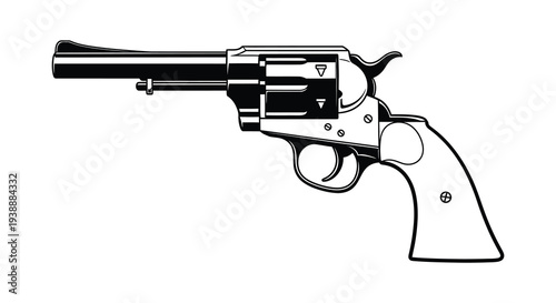 Detailed black and white illustration of a classic revolver showcasing its mechanical design silhouette high quality professional detailed