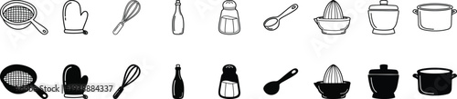 Kitchen Utensils Line and Solid Icons Set – Strainer, Oven Mitt, Whisk, Bottle, Salt Shaker, Spoon, Citrus Juicer, Sugar Bowl and Cooking Pot Vector Collection