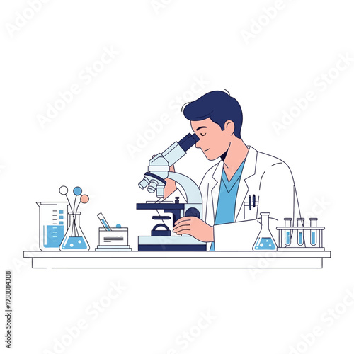Scientist looking through microscope in laboratory with test tubes and beakers