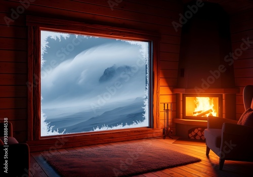 Cozy cabin interior with fireplace and large window overlooking mountain landscape