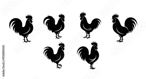 Minimal rooster silhouette logo set featuring 4 farm branding variations including standing rooster, crowing rooster pose, circular emblem badge, and rooster head design.