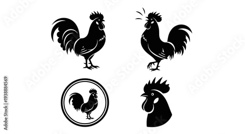 Minimal rooster silhouette logo set featuring 4 farm branding variations including standing rooster, crowing rooster pose, circular emblem badge, and rooster head design.