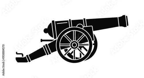 A stark black silhouette depicts an antique cannon showcasing historical weaponry and design silhouette high quality