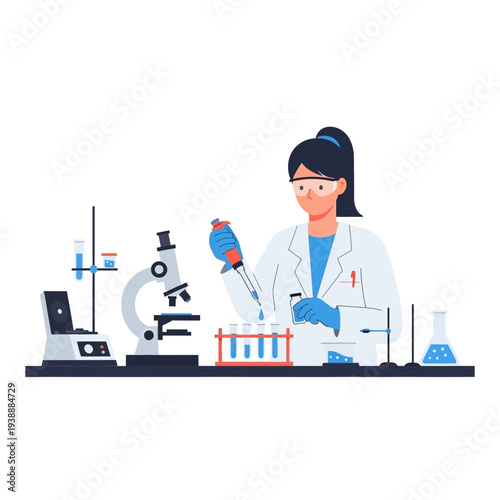 Scientist working in laboratory with microscope, test tubes, and equipment
