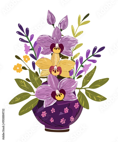 Elegant purple orchid flowers in a decorative ceramic pot plant illustration with lush greenery and artistic floral arrangement