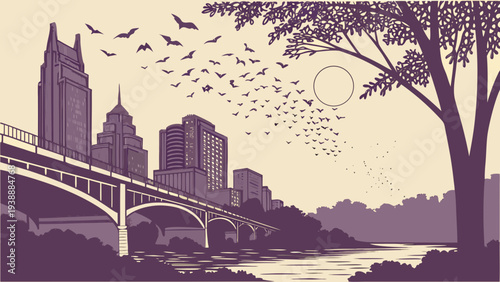 Urban Skyline View Across River Bridge with Large Tree Silhouette and Flying Creatures at Dusk or Dawn austin skyline vector