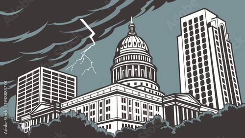 Urban Capitol Building Under Dark Storm Clouds with Dramatic Lightning Strike Near Modern High Rises austin skyline vector