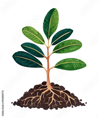 Young green plant illustration with several leaves sprouting from dark fertile soil symbolizing new life and environmental sustainability