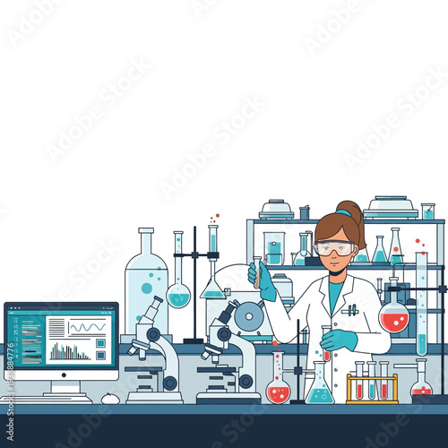 Scientist working in laboratory with microscope, computer and test tubes