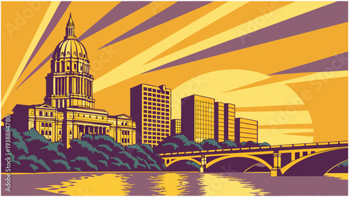 Capitol Building Skyline Sunset Water Reflection Urban Landscape Architecture Governmental Structure Scene austin skyline vector