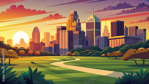 Vibrant City Skyline View from Green Park During Scenic Sunset Orange Sky Urban Landscape austin skyline vector