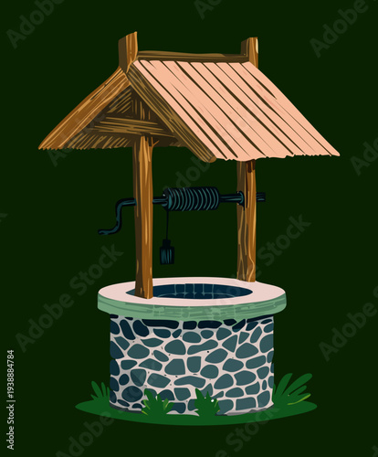 Traditional stone water well with a wooden roof plant illustration surrounded by green grass on a dark background