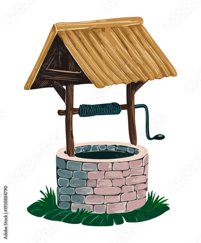 Old fashioned water well with a thatched roof and stone base plant illustration for farm and rural house themes
