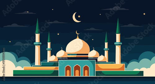 Mosque at Night with Crescent Moon Shining