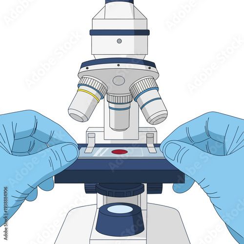 Scientist's gloved hands adjust microscope slide with blood sample for examination