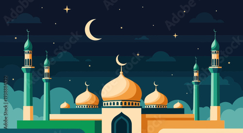 Mosque at Night Under Stars and Crescent