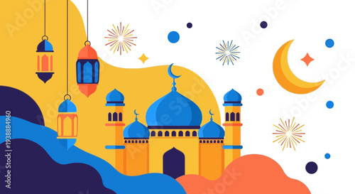 Mosque illustration with lanterns and stars