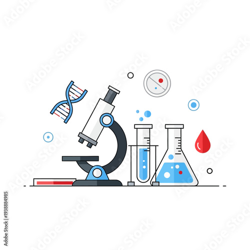 Microscope, DNA, Test Tubes, Blood Drop: Scientific Research and Medical Laboratory Concept