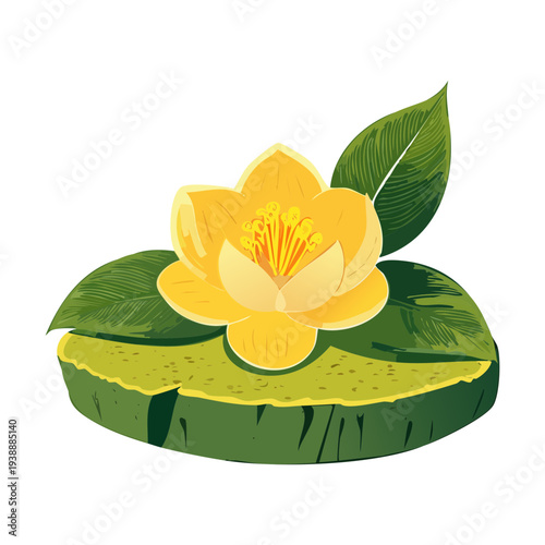 Yellow Water Lily Plant On Green Pad For Pond Landscape Design And Aquatic Nature Creative Floral Illustration