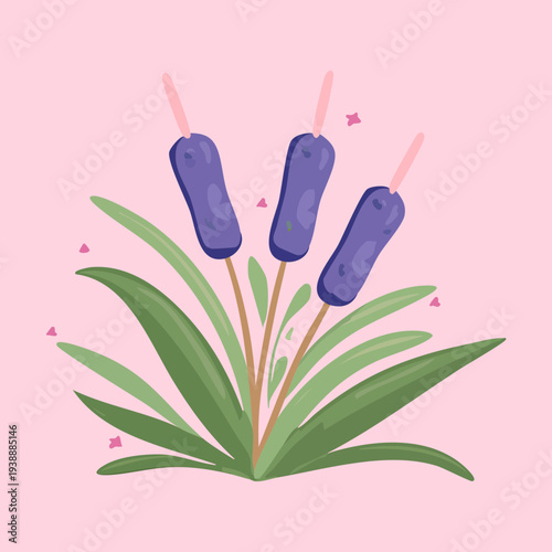 Purple Bulrush Plant Cattail On Pink Background For Trendy Nature Art And Graphic Design Creative Floral Illustration