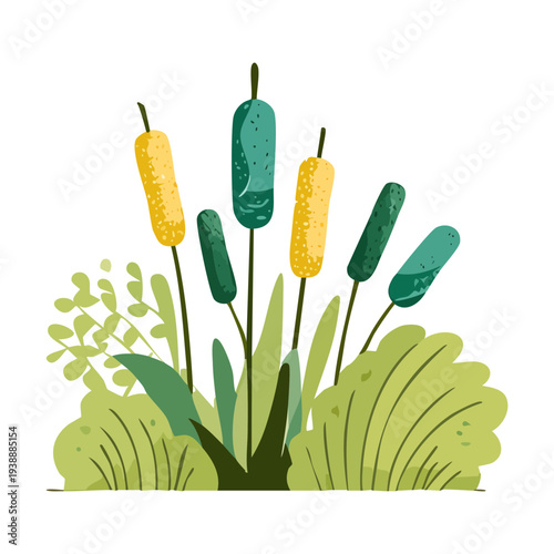 Green And Yellow Bulrush Plant Cattail In Grass For Meadow Landscape Design Concept Creative Botanical Floral Illustration