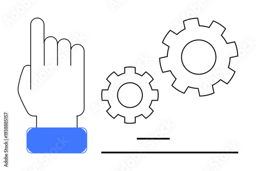 Workflow design, industrial processes, automation, technology integration, task management, productivity. Hand pointing with gears. Workflow design and industrial processes visualization