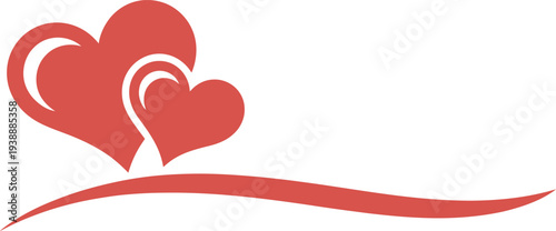 Stylized illustration of two overlapping red hearts with a decorative curved line below isolated on transparent background