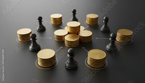 Chess Pawn And Gold Coin Network Strategy Concept Representing Business Investment Flow Financial Planning And Wealth Growth