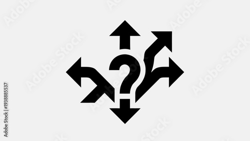 A black question mark surrounded by multiple directional arrows indicating confusion or uncertainty, symbolizing inquiry or questioning, in a simple illustration format viewed directly from the front.