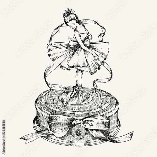 Vintage Ballerina Music Box Engraving Illustration