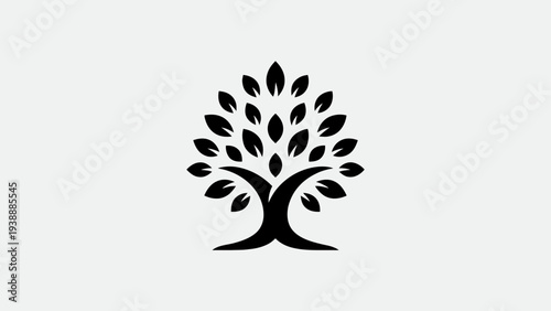 A minimalist illustration of a tree with intertwined branches and leaves viewed from the front in a simple environment