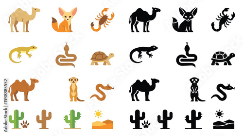 Collection of desert animals and plants, depicted in both colorful and silhouette styles, including camels, fennec foxes, scorpions, lizards, snakes, tortoises, meerkats, cacti, and desert landscapes.