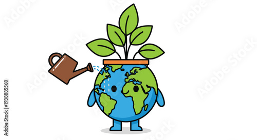 A cute earth character being watered symbolizing environmental care