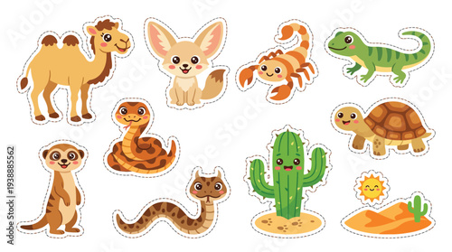 A vibrant collection of cute cartoon desert animals and plants, including a camel, fennec fox, scorpion, dinosaur, snake, meerkat, tortoise, and cactus.