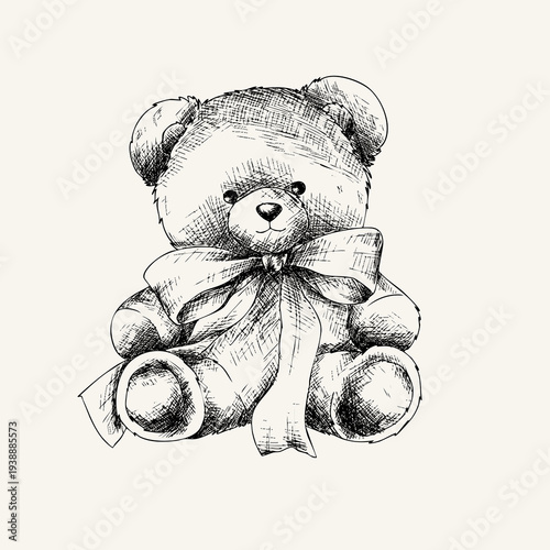 Vintage Teddy Bear with Ribbon Engraving Illustration
