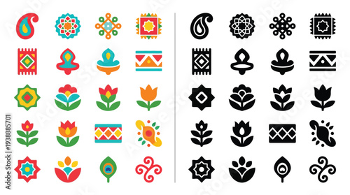 Collection of colorful and monochrome folk art inspired motifs, including paisley, floral, and geometric patterns, presented in a grid format.