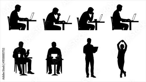Silhouetted figures working on laptops and various activities in a professional setting viewed from multiple angles