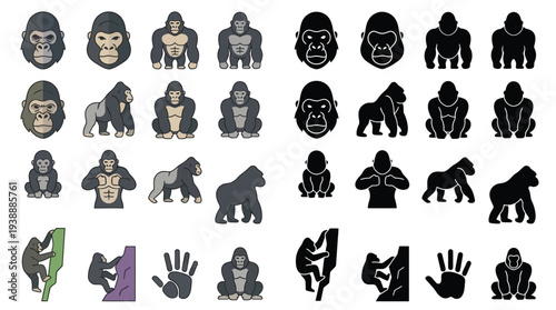 Collection of diverse gorilla icons and illustrations, showcasing various poses, styles, and activities including climbing and silhouette representations.