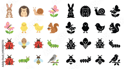 Collection of cute cartoon spring and summer insects, birds, and small animals in both color and silhouette versions.