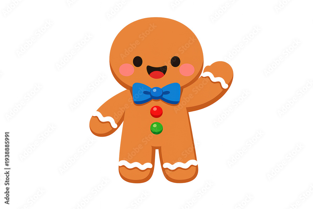 Obraz premium Gingerbread man character with a blue bow tie and colorful buttons, waving a friendly hello. Transparent background