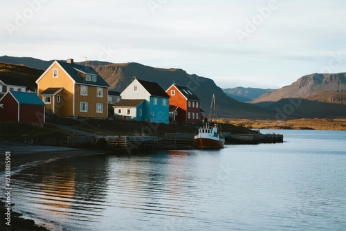 Colorful houses along a calm waterfront with mountains in the background