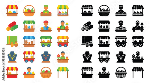 Collection of colorful and silhouette icons representing market stalls, vendors, baskets of produce, and jewelry displays.