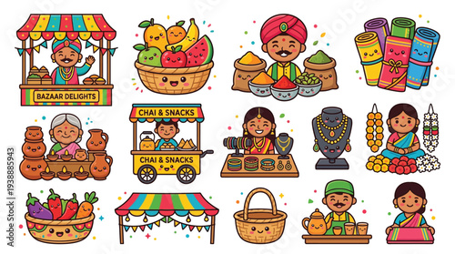 A vibrant collection of kawaii-style illustrations depicting Indian market scenes, food stalls, and cultural elements.