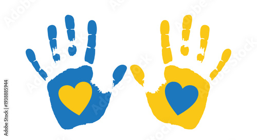 Blue and yellow handprints with hearts symbolizing ukrainian support